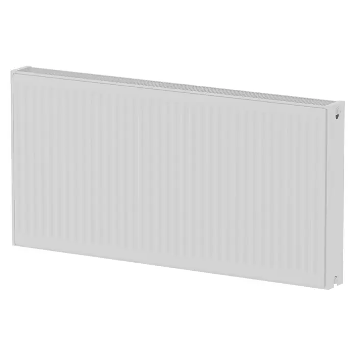 Kompaktheizkörper - B x H: 1.200 x 600 mm, Wärmeleistung bei Vorlauftemperatur von 75 °C (D: 50): 2.170 W, Typ Heizkörper: 22 - Frontansicht eines weißen Heizkörpers. Ein Heizkörper ist ein Gerät zum Erwärmen eines Raumes.