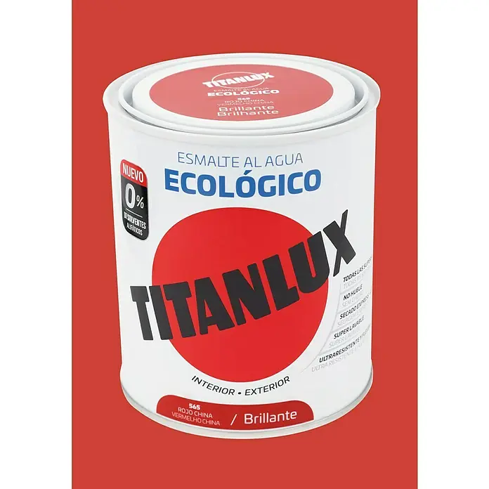 Titanlux Esmalte de color Eco - Rojo China, Brillante, 750 ml, Base de agua - Bote de pintura esmalte al agua Titanlux, ecológico, color Rojo China. Para interior y exterior, acabado brillante y sin disolventes.