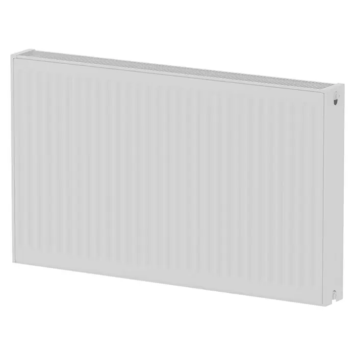 De'Longhi Kompaktheizkörper - B x H: 1.000 x 500 mm, Wärmeleistung bei Vorlauftemperatur von 75 °C (D: 50): 1.485 W, Typ Heizkörper: 22 - Ein weißer Heizkörper mit vertikalen Lamellen und einer glatten Oberfläche, ideal für Wohnräume, wird im Bild gezeigt.