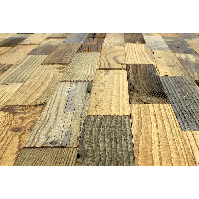 Wodewa Holzriemchen 400 Original Altholz - 400 x 80 mm, Stärke: 5 mm - 10 mm, 32 Stk., 1 m², Verklebung - Rustikale Holzpaneele: Eine Nahaufnahme zeigt eine Vielfalt an Holzfarben und -texturen, die eine warme und einladende Atmosphäre schaffen.