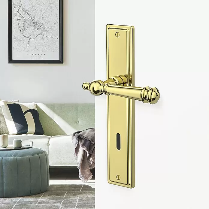 Diamond Doors Classic Drückergarnitur Classic Indiana - Buntbart, Sonstiges - Türklinke aus poliertem Messing mit rechteckigem Langschild, an einer weißen Tür zu einem Wohnzimmer montiert.