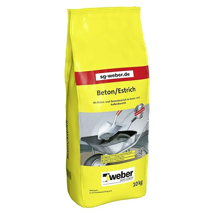SG Weber Betonestrich - 10 kg - Gelber Sack Weber Beton/Estrich mit rotem Band und Text. Das Produkt ist für den Innen- und Außenbereich geeignet und wiegt 10 kg.