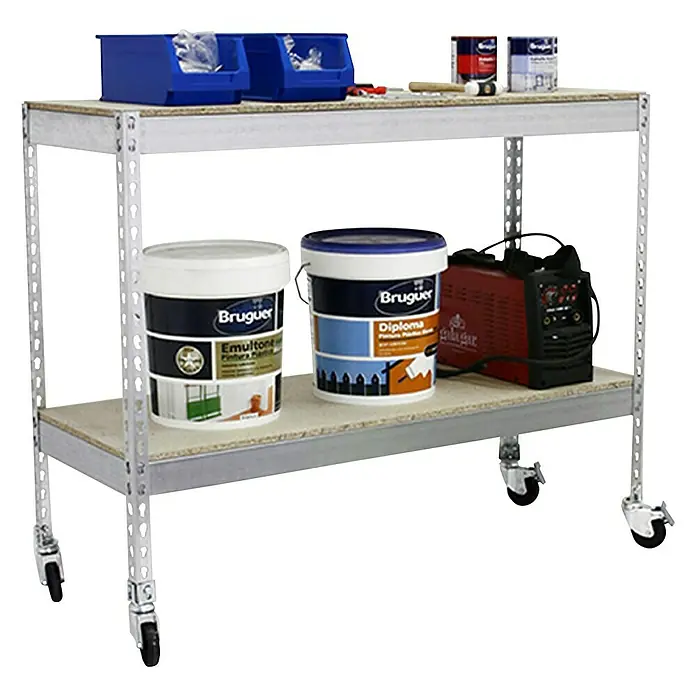 Simonrack Simonforte Estantería metálica Mobile Chipboard - Al x An x Pr: 97,5 x 120 x 60 cm, Inserción, Galvanizado, Capacidad de carga por balda: 75 kg - Banco de trabajo que muestra varios productos como pintura y herramientas. Ideal para aficionados al bricolaje y profesionales.