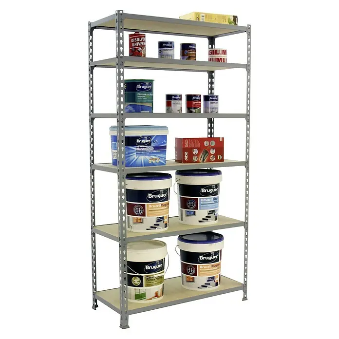 Simonrack Maderclick Metallregal Maderclick MegaPlus - H x B x T: 250 x 120 x 50 cm, Traglast pro Boden: 200 kg, Anzahl Böden: 6 Stk., Stecken, Grau - Ein Regal voller Bruguer-Farben und -Produkte, ordentlich aufgereiht und bereit für den nächsten Anstrich.