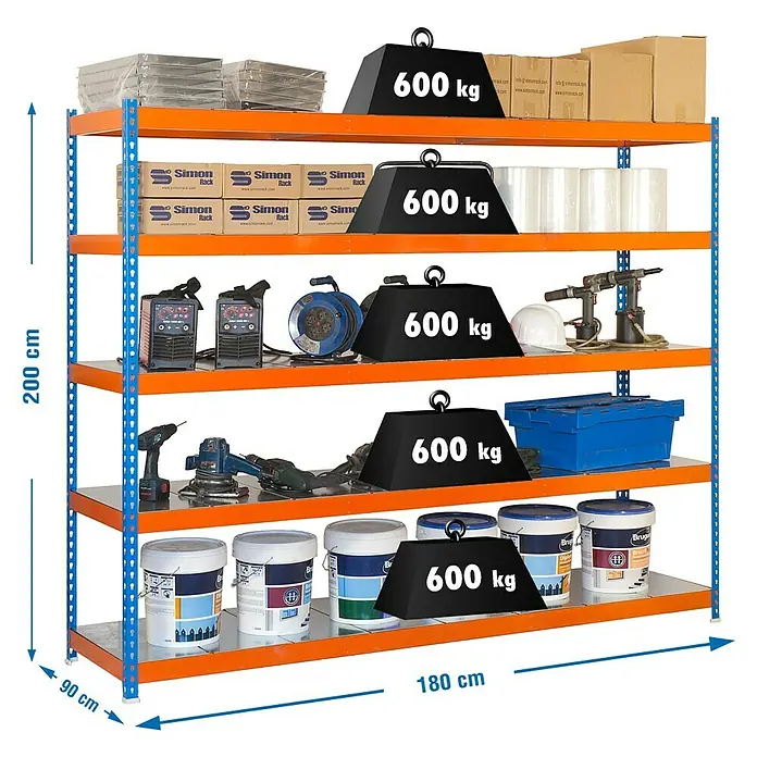 Simonrack Simonforte Schwerlastregal Simonforte Metall - H x B x T: 200 x 180 x 90 cm, Traglast pro Boden: 600 kg, Anzahl Böden: 5 Stk., Stecken, Blau/Orange/Silber - Abbildung eines Schwerlastregals mit fünf Ebenen, das mit Werkzeugen, Kartons und Farbtöpfen beladen und mit Gewichten beschwert ist.