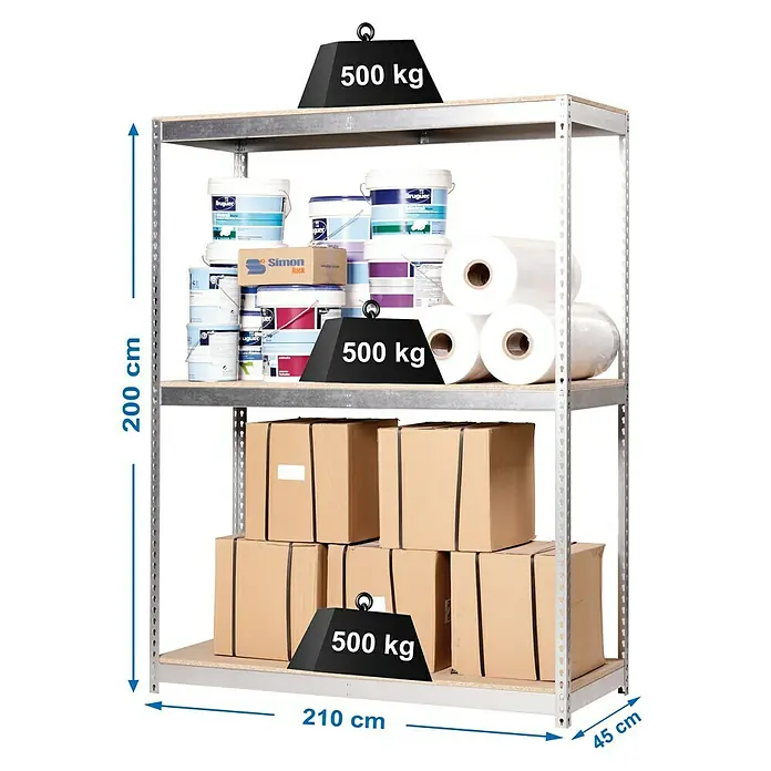 Simonrack Simonforte Schwerlastregal Simonforte Chipboard - H x B x T: 200 x 210 x 45 cm, Traglast pro Boden: 500 kg, Anzahl Böden: 3 Stk., Stecken, Silber - Ein dreistufiges Metallregal, beladen mit Farbeimern, Kartons und Folienrollen, wobei jede Ebene mit einem 500-kg-Gewicht belastet ist.