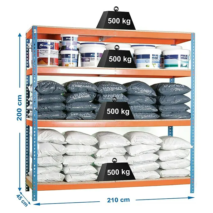 Simonrack Simonforte Schwerlastregal Simonforte Chipboard - H x B x T: 200 x 210 x 45 cm, Traglast pro Boden: 500 kg, Anzahl Böden: 2 Stk., Stecken, Blau/Orange - Ein Regal mit Farbeimern, Säcken mit "Grava Especial" und weißen Säcken, alle mit Gewichten von 500 kg belastet.