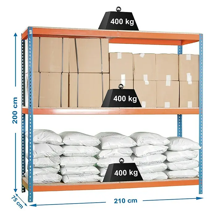 Simonrack Simonforte Schwerlastregal Simonforte Chipboard - H x B x T: 200 x 210 x 75 cm, Traglast pro Boden: 400 kg, Anzahl Böden: 3 Stk., Stecken, Blau/Orange - Abbildung eines Schwerlastregals mit mehreren Ebenen, beladen mit Kartons und Säcken, wobei das Gewicht mit 400 kg angegeben ist.