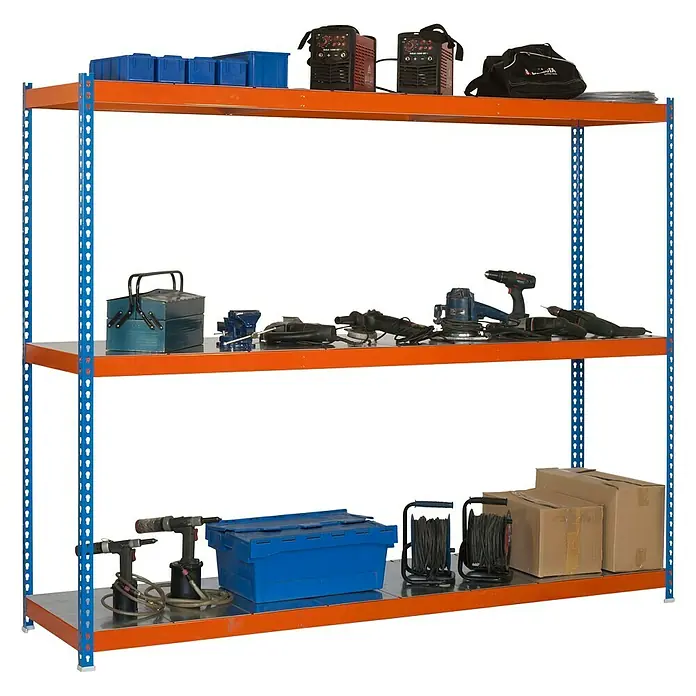 Simonrack Simonforte Schwerlastregal Simonforte Metall - H x B x T: 150 x 150 x 45 cm, Traglast pro Boden: 600 kg, Anzahl Böden: 3 Stk., Stecken, Blau/Orange/Silber - Ein dreistufiges Lagerregal mit Werkzeugen und Aufbewahrungsbehältern, das eine praktische Lösung für die Werkstatt bietet.