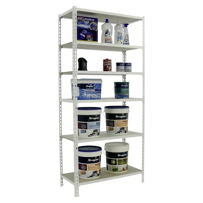 Simonrack Maderclick Metallregal Maderclick - H x B x T: 250 x 90 x 40 cm, Traglast pro Boden: 150 kg, Anzahl Böden: 6 Stk., Stecken, Weiß - Regal mit verschiedenen Haushaltsreinigungs- und Malerprodukten von Marken wie Bruguer und Reffit, die auf den Regalen ordentlich angeordnet sind.