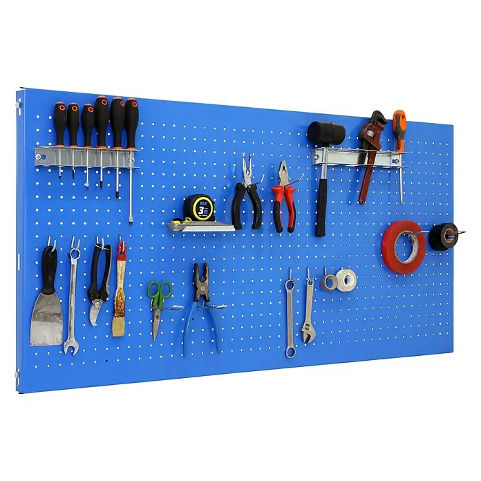 Simonrack Panelclick Panel perforado con 14 ganchos - L x An: 150 x 60 cm, Azul - Pared de herramientas con destornilladores, alicates, martillo y llaves, ideal para la organización del taller.