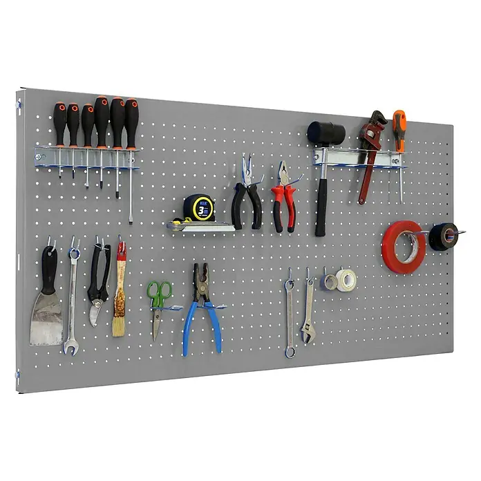 Simonrack Panelclick Panel perforado con 14 ganchos - L x An: 150 x 40 cm, Gris - Panel perforado para herramientas que sujeta destornilladores, alicates, martillo, cinta métrica y cinta adhesiva. Una manera eficiente de mantener las herramientas ordenadas.