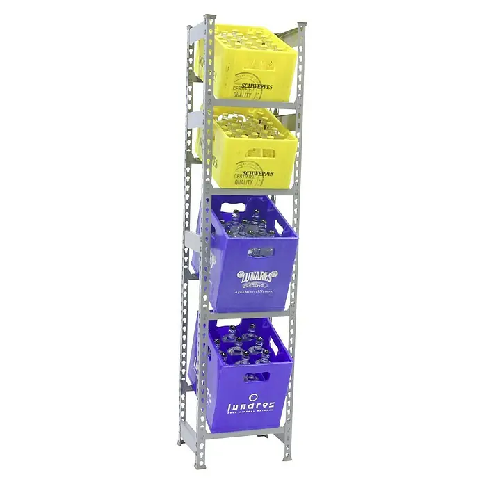 Simonrack Simonbottle Getränkekistenregal Bottleclick - H x B x T: 200 x 40 x 30 cm, Traglast Einlegeboden: 100 kg, Anzahl Böden: 4 Stk., Stecken, Grau - Ein Regal voller Getränkekisten der Marken Schweppes und Lunares, die zum Verkauf stehen. Die Getränke sind ordentlich in den Kisten verstaut.