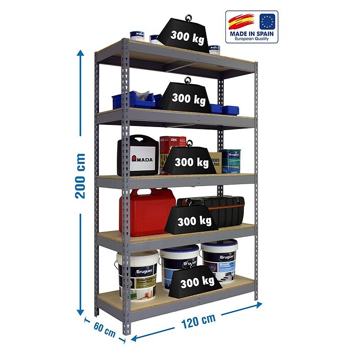 Simonrack Bricoforte Estantería para cargas pesadas Chipboard (Al x An x Pr: 200 x 120 x 60 cm, Capacidad de carga por balda: 300 kg, Número de baldas: 5 ud., Inserción, Gris) | BAUHAUS