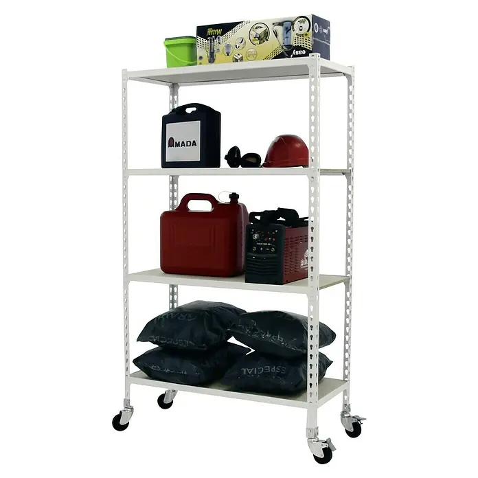 Simonrack Maderclick Estantería metálica Mobile Superplus - Al x An x Pr: 157,5 x 110 x 40 cm, Número de baldas: 4 ud., Inserción, Blanco - Esta imagen muestra una estantería de cuatro niveles, llena de diversos artículos como contenedores y herramientas, y montada sobre ruedas para movilidad.