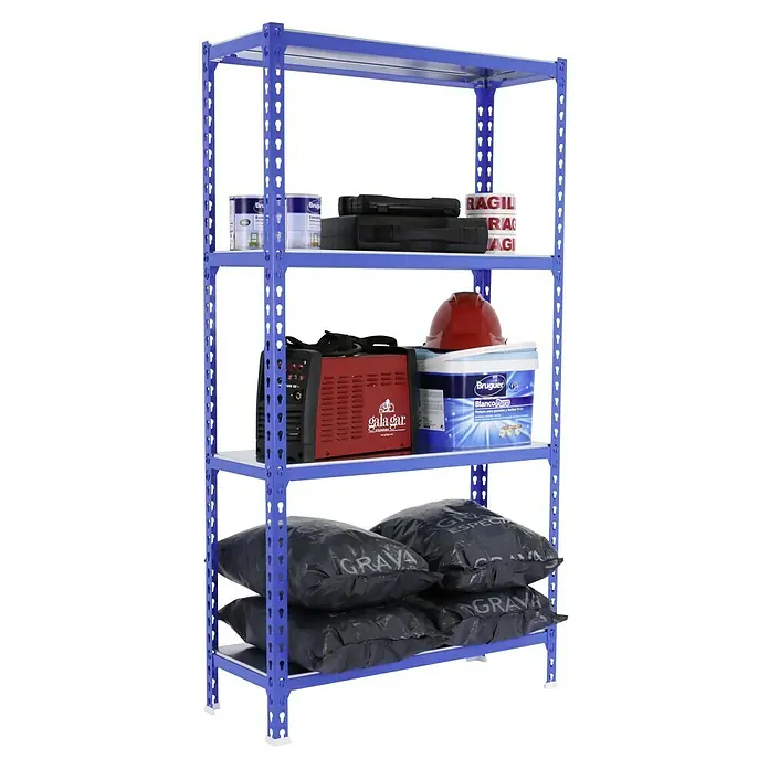 Simonrack Simonclick Metallregal Simonclick Super Plus - H x B x T: 150 x 110 x 50 cm, Traglast pro Boden: 200 kg, Anzahl Böden: 4 Stk., Stecken, Blau/Silber - Blaues Metallregal mit vier Ebenen, beladen mit Werkzeugen, Farbeimern und Säcken. Ideal für Garage oder Werkstatt zur Aufbewahrung.