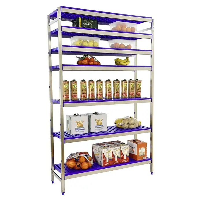Simonrack Simoninox Metallregal Grundelement - H x B x T: 200 x 166 x 40 cm, Traglast pro Boden: 180 kg, Anzahl Böden: 7 Stk., Stecken, Material Boden: Kunststoff - Aufnahme eines Lebensmittelregals mit verschiedenen Produkten, darunter Getränke, Obst und andere Lebensmittel.