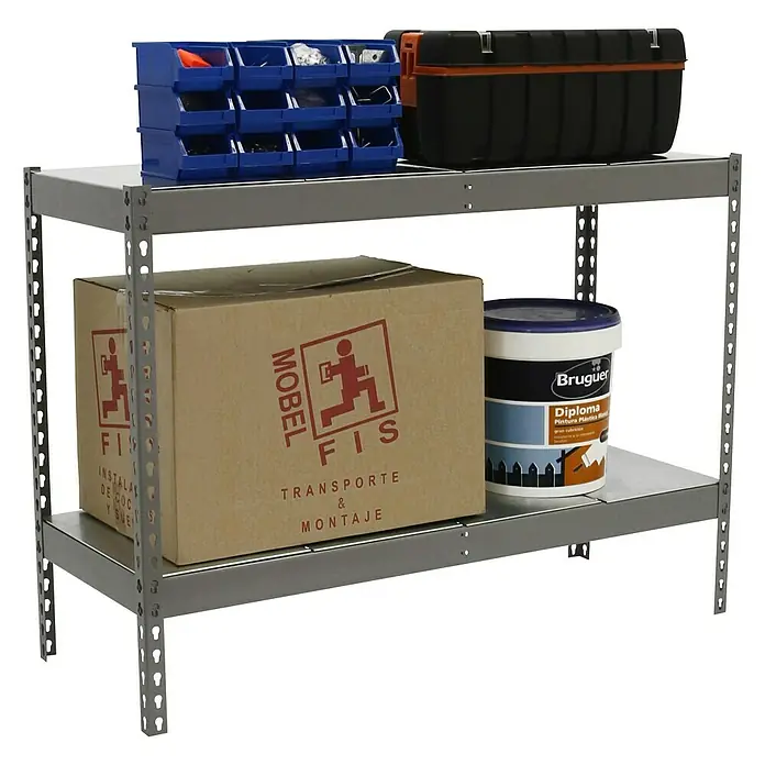 Simonrack Simonforte Schwerlastregal Simonforte Metall - H x B x T: 90 x 150 x 60 cm, Traglast pro Boden: 600 kg, Anzahl Böden: 2 Stk., Stecken, Grau/Silber - Ein zweistufiges Regal mit Werkzeugkiste, Sortierbox, Karton und Farbeimer. Ideal für Werkstatt oder Lager.