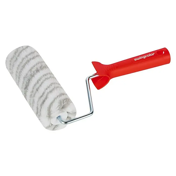 swingcolor Farbroller K30 - Breite Walze: 15 cm, Bügelstärke: 6 mm, Florhöhe: 18 mm - Farbwalze mit grau-weiß gestreiftem Muster und rotem Griff. Ideal für gleichmäßiges Auftragen von Farbe auf Wände und Decken.