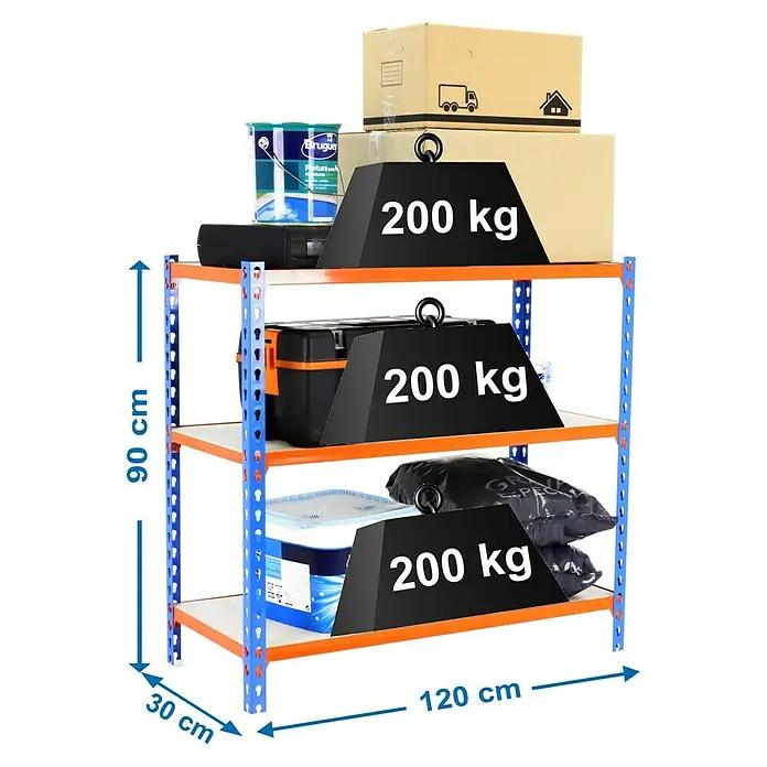 Simonrack Maderclick Metallregal Maderclick MegaPlus - H x B x T: 90 x 120 x 30 cm, Traglast pro Boden: 200 kg, Anzahl Böden: 3 Stk., Stecken, Blau/Orange - Regal mit drei Ebenen, blauem Gestell und orangefarbenen Regalböden, beladen mit verschiedenen Gegenständen und beschwert mit Gewichten.