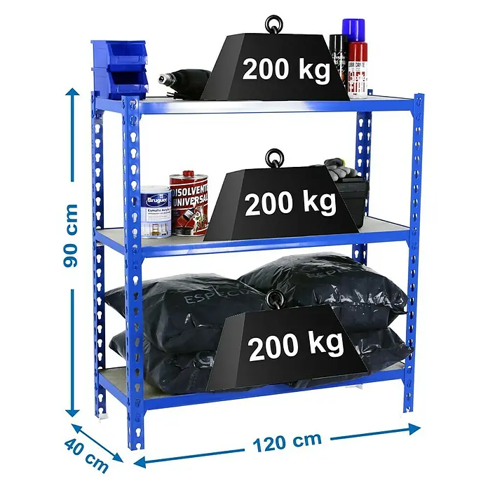 Simonrack Maderclick Metallregal Maderclick MegaPlus - H x B x T: 90 x 120 x 40 cm, Traglast pro Boden: 200 kg, Anzahl Böden: 3 Stk., Stecken, Blau - Abbildung eines blauen Metallregals mit drei Ebenen, beladen mit verschiedenen Gegenständen und beschwert mit Gewichten.