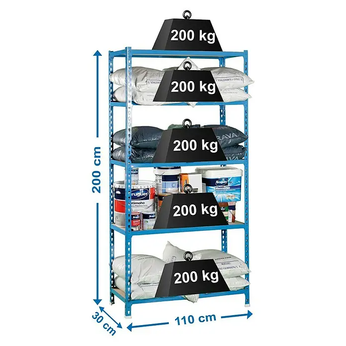 Simonrack Maderclick Metallregal Maderclick SuperPlus - H x B x T: 200 x 110 x 30 cm, Traglast pro Boden: 200 kg, Anzahl Böden: 5 Stk., Stecken, Blau - Ein blaues Regal mit fünf Ebenen, beladen mit Farbbehältern und Säcken, wobei das Gewicht jeder Ebene mit "200 kg" angegeben ist.