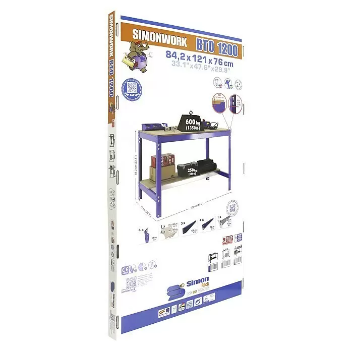 Simonrack Simonwork Banco de trabajo BT0 - L x An: 76 x 151 cm, Altura de trabajo: 84,2 cm, Carga soportada: 850 kg, Galvanizado - Banco de trabajo de metal azul con dos estantes de MDF, 121 cm de ancho, para almacenamiento y trabajo pesado.