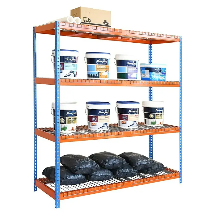 Simonrack Simontaller Schwerlastregal Ecoforte Rex - H x B x T: 200 x 180 x 60 cm, Traglast pro Boden: 400 kg, Anzahl Böden: 4 Stk., Stecken, Blau/Orange - Ein Regal mit Bruguer-Farben und Säcken mit Kies, ideal für Bau- und Renovierungsprojekte.