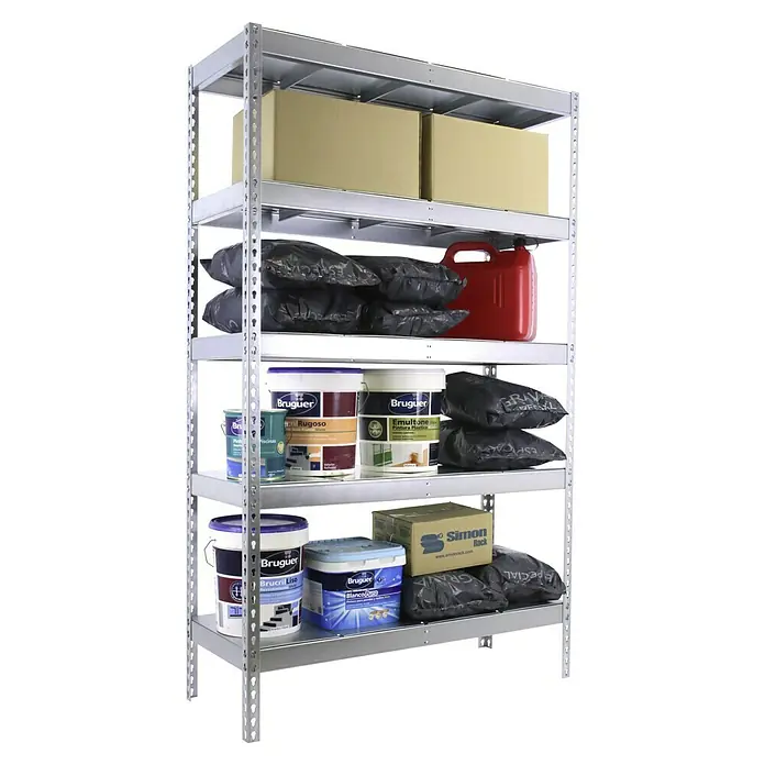 Simonrack Simonforte Schwerlastregal Simonforte Metall - H x B x T: 200 x 210 x 60 cm, Traglast pro Boden: 500 kg, Anzahl Böden: 5 Stk., Stecken, Silber/Silber - Ein Regal mit fünf Ebenen, voll mit Farbdosen der Marke Bruguer, Kartons und Plastiksäcken, ideal für Garage oder Lagerraum.