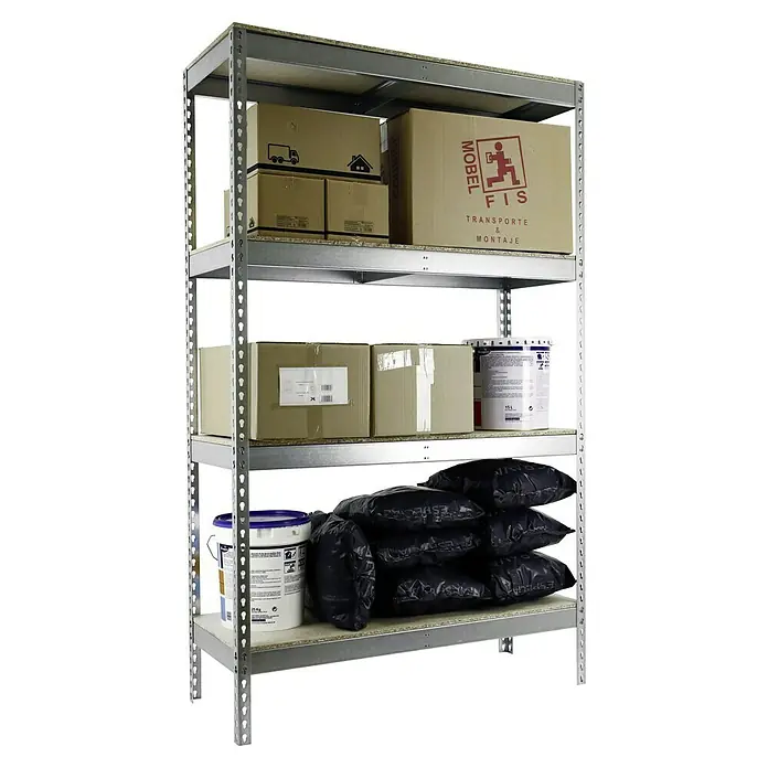 Simonrack Simonforte Schwerlastregal Simonforte Chipboard - H x B x T: 200 x 210 x 60 cm, Traglast pro Boden: 600 kg, Anzahl Böden: 4 Stk., Stecken, Silber - Ein stabiles Metallregal mit vier Ebenen, beladen mit Kartons, Farbbehältern und Sandsäcken, ideal für Lagerung und Organisation.