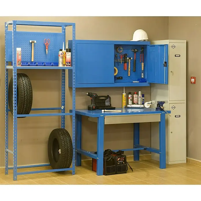 Simonrack Simonwork Armario para herramientas Cabinet Tools - Ancho: 50 cm, Azul, Completamente montado - Banco de trabajo con herramientas, neumáticos y armario en un taller. Equipamiento práctico para aficionados al bricolaje y profesionales.