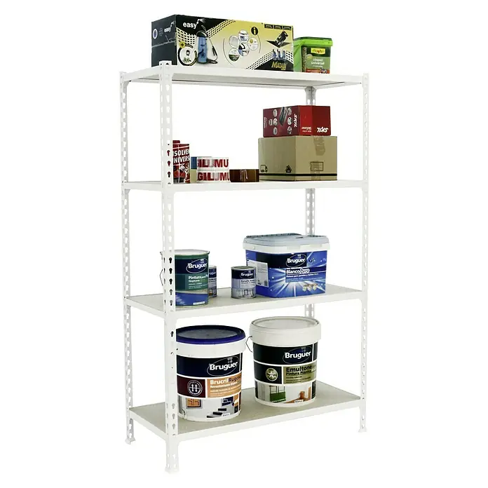 Simonrack Maderclick Metallregal Maderclick MegaPlus - H x B x T: 150 x 120 x 40 cm, Traglast pro Boden: 200 kg, Anzahl Böden: 4 Stk., Stecken, Weiß - Regal mit verschiedenen Produkten wie Farbe, Sprays und Werkzeugkästen, ideal für Lagerung und Organisation.