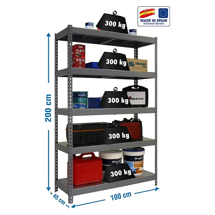 Simonrack Bricoforte Schwerlastregal Bricoforte Metall - H x B x T: 200 x 100 x 45 cm, Traglast pro Boden: 300 kg, Anzahl Böden: 5 Stk., Stecken, Grau/Silber - Ein graues Metallregal mit fünf Ebenen, das mit verschiedenen Gegenständen und schwarzen Gewichten mit der Aufschrift "300 kg" beladen ist.