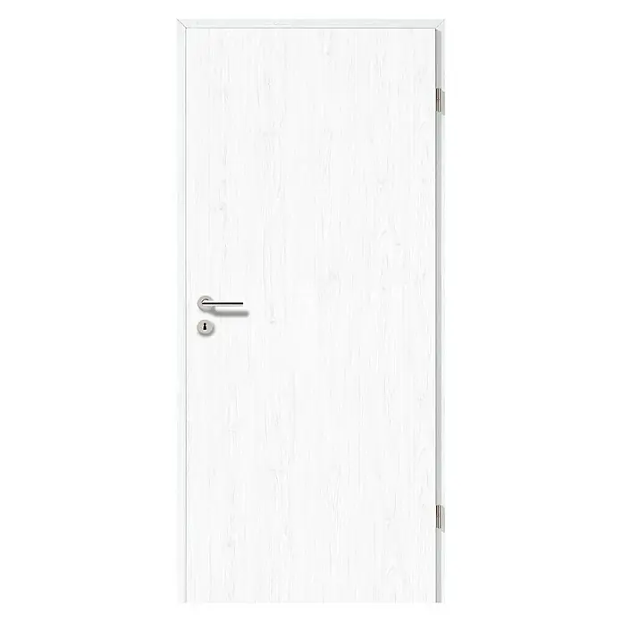 GetaDoor Lamineo Zimmertür GLN 15 - 860 x 1.985 mm, DIN Anschlag: Rechts, Pinie Polar, Röhrenspan - Eine moderne, weiße Innentür mit einem eleganten Türgriff und einer dezenten Holzmaserung, die jedem Raum ein helles und freundliches Ambiente verleiht.