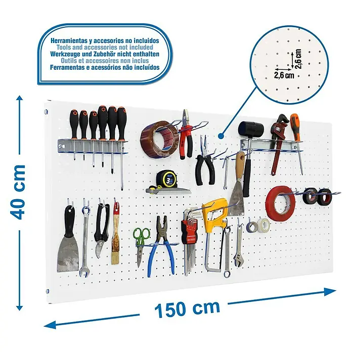 Simonrack Panelclick Panel perforado con 22 ganchos - L x An: 150 x 40 cm, Blanco - Panel perforado con varias herramientas y accesorios. El panel mide 40 cm de alto y 150 cm de ancho.