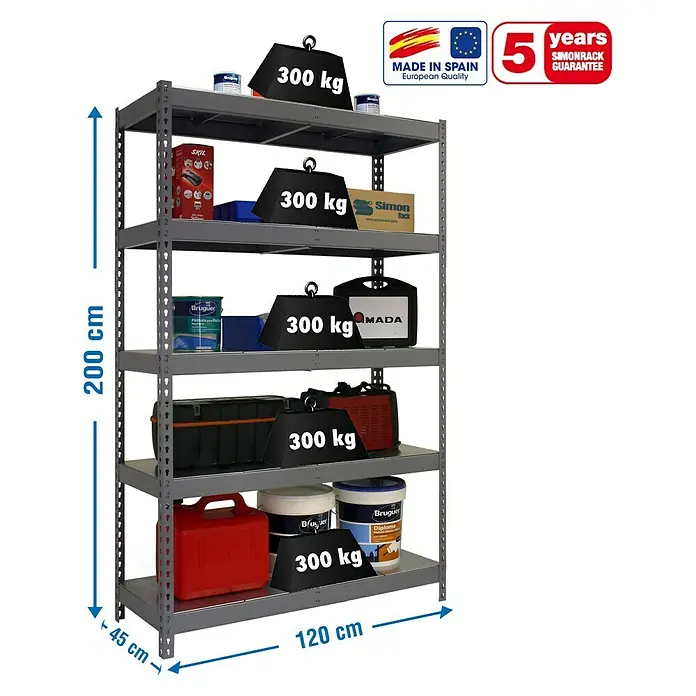 Simonrack Bricoforte Schwerlastregal Bricoforte Metall - H x B x T: 200 x 120 x 45 cm, Traglast pro Boden: 300 kg, Anzahl Böden: 5 Stk., Stecken, Grau/Silber - Das Bild zeigt ein graues Schwerlastregal mit fünf Ebenen, das mit verschiedenen Gegenständen und Gewichten von je 300 kg beladen ist.