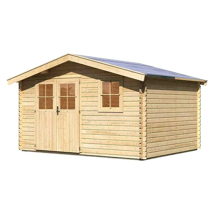 Karibu Gartenhaus Felsenau 5 - Außenmaß inkl. Dachüberstand (B x T): 407 x 320 cm, Holz, Natur - Holzgartenhaus mit Doppeltür und Fenster. Das Gartenhaus ist aus hellem Holz und hat ein Satteldach. Praktisch zur Aufbewahrung von Gartengeräten.