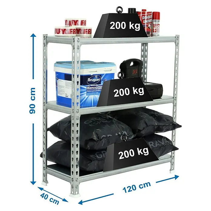 Simonrack Simonclick Metallregal Mega Plus - H x B x T: 90 x 120 x 40 cm, Traglast pro Boden: 200 kg, Anzahl Böden: 3 Stk., Stecken, Silber/Silber - Ein graues Metallregal mit drei Ebenen, beladen mit Farbe, Werkzeug und Sandsäcken, wobei die Ebenen jeweils mit 200 kg beschwert sind.