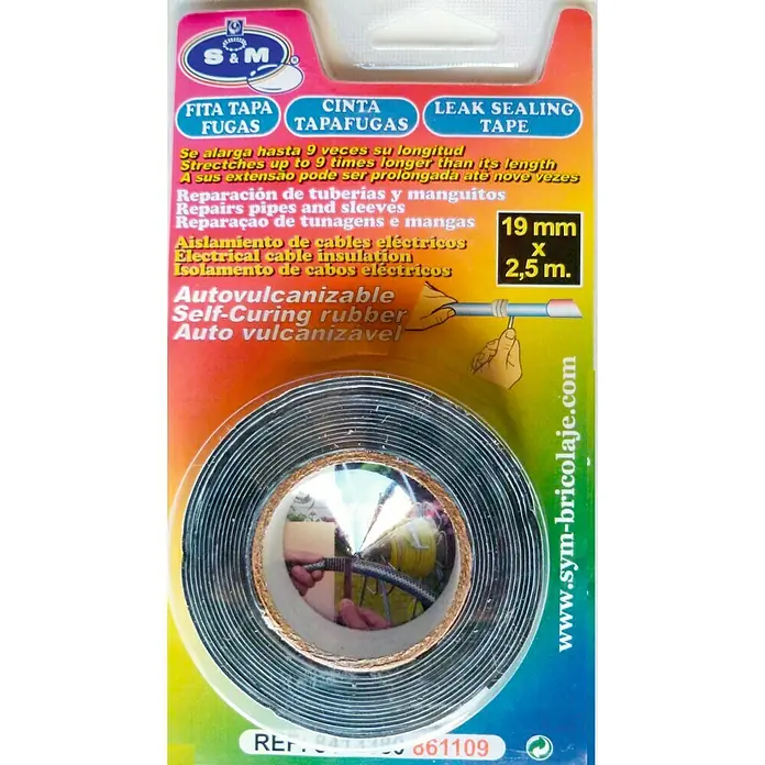 Cinta de reparación Autovulcanizable - Negro, L x An: 2,5 m x 19 mm - Cinta aislante S&M: Cinta de goma autovulcanizable para reparar tuberías y cables, se estira hasta 9 veces su longitud.
