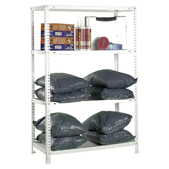 Simonrack Simonclassic Estantería metálica Advantage Mini - Al x An x Pr: 150 x 80 x 40 cm, Capacidad de carga por balda: 75 kg, Número de baldas: 4 ud., Atornillado, Blanco - Estantería de cuatro niveles con botas de trabajo, selladores, cintas y sacos de arena ordenados en los estantes.