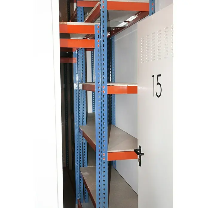 Simonrack Ecoforte Schwerlastregal Chipboard - H x B x T: 150 x 150 x 45 cm, Traglast pro Boden: 400 kg, Anzahl Böden: 3 Stk., Stecken, Blau/Orange - Lagerregal mit blauem Rahmen und orangen Regalböden, gekennzeichnet mit der Nummer 15, ideal für die Organisation von Lagerwaren.