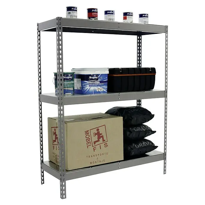 Simonrack Simonforte Schwerlastregal Simonforte Metall - H x B x T: 150 x 120 x 75 cm, Traglast pro Boden: 600 kg, Anzahl Böden: 3 Stk., Stecken, Grau/Silber - Produktfoto eines grauen Metallregals mit Farbeimern der Marke Bruguer, einer Werkzeugkiste, einem Karton und Säcken auf den Regalböden.