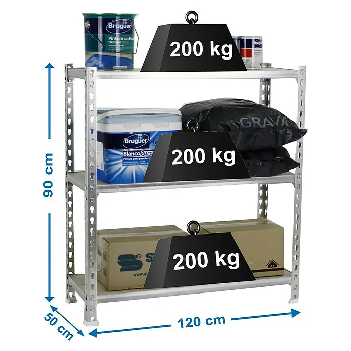 Simonrack Maderclick Metallregal Maderclick MegaPlus - H x B x T: 90 x 120 x 50 cm, Traglast pro Boden: 200 kg, Anzahl Böden: 3 Stk., Stecken, Silber - Abbildung eines Schwerlastregals mit drei Ebenen, belastbar mit jeweils 200 kg pro Ebene, zur Lagerung von Farben, Schüttgütern und Kartons.