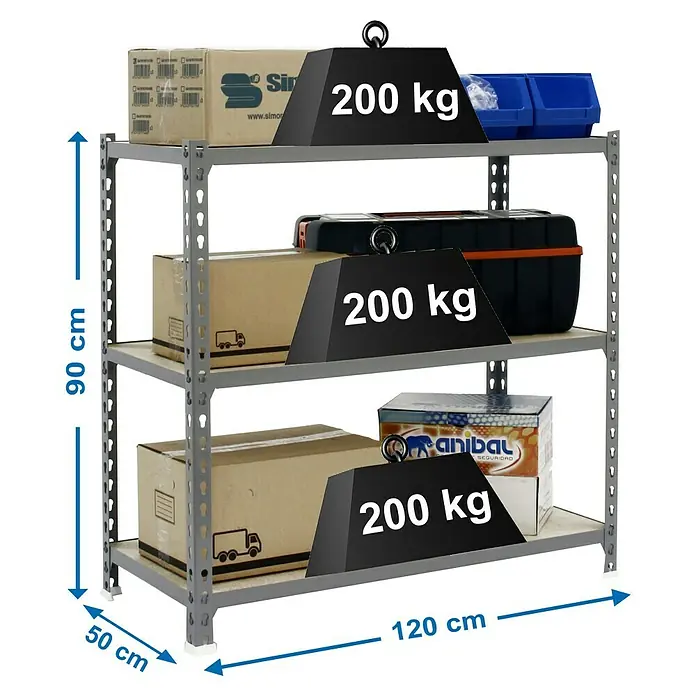 Simonrack Maderclick Metallregal Maderclick MegaPlus - H x B x T: 90 x 120 x 50 cm, Traglast pro Boden: 200 kg, Anzahl Böden: 3 Stk., Stecken, Grau - Abbildung eines dreistöckigen Schwerlastregals mit den Maßen 120x50x90 cm, das mit 200 kg pro Ebene belastet werden kann.