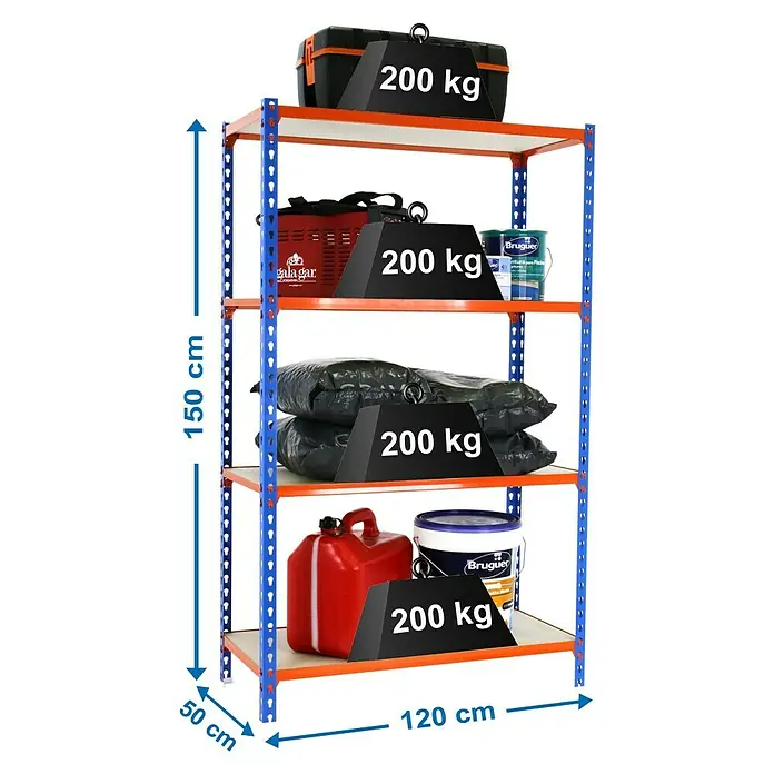 Simonrack Maderclick Metallregal Maderclick MegaPlus - H x B x T: 150 x 120 x 50 cm, Traglast pro Boden: 200 kg, Anzahl Böden: 4 Stk., Stecken, Blau/Orange - Produktfoto eines Schwerlastregals mit vier Ebenen, belastet mit Werkzeugkiste, Farbdosen und Säcken, Abmessungen sind angegeben.