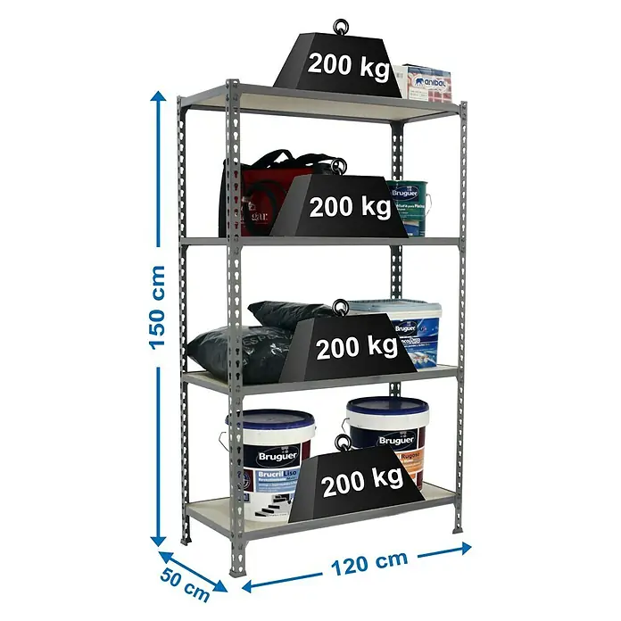 Simonrack Maderclick Metallregal Maderclick MegaPlus - H x B x T: 150 x 120 x 50 cm, Traglast pro Boden: 200 kg, Anzahl Böden: 4 Stk., Stecken, Grau - Abbildung eines grauen Metallregals mit vier Ebenen, das mit Farbbehältern, einer Tasche und Gewichten mit der Aufschrift "200 kg" beladen ist.