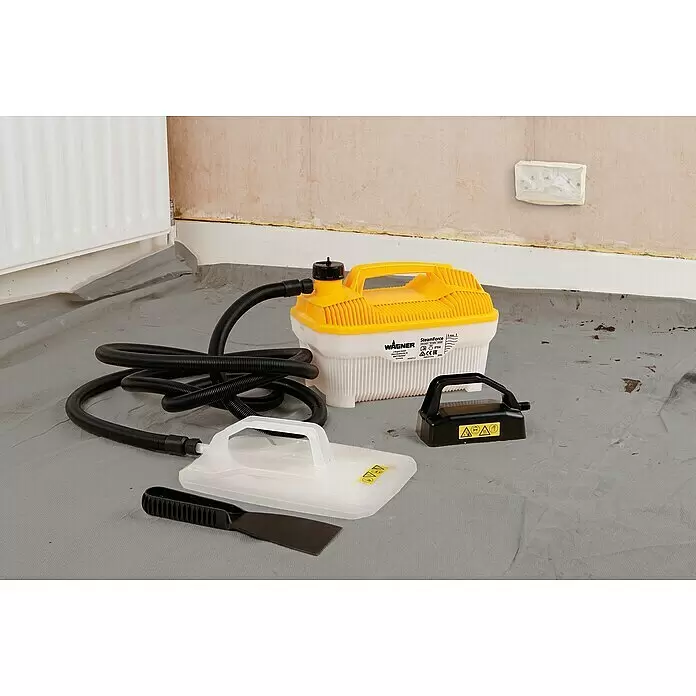 Wagner Dampf-Tapetenablöser Steam Force Plus - Tankvolumen: 4 l, 2.000 W - Ein Wagner SteamForce Tapetenablöser-Set, mit gelb-weißer Haupteinheit, schwarzem Schlauch, Dampfplatten und Schaber, bereit zur Tapetenentfernung.