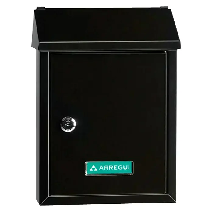 Arregui Smart Buzón de pared E-572 - L x An x Al: 21,6 x 8 x 30 cm, Negro - Buzón negro Arregui con cerradura y logo del fabricante, ideal para uso exterior para el almacenamiento seguro del correo.