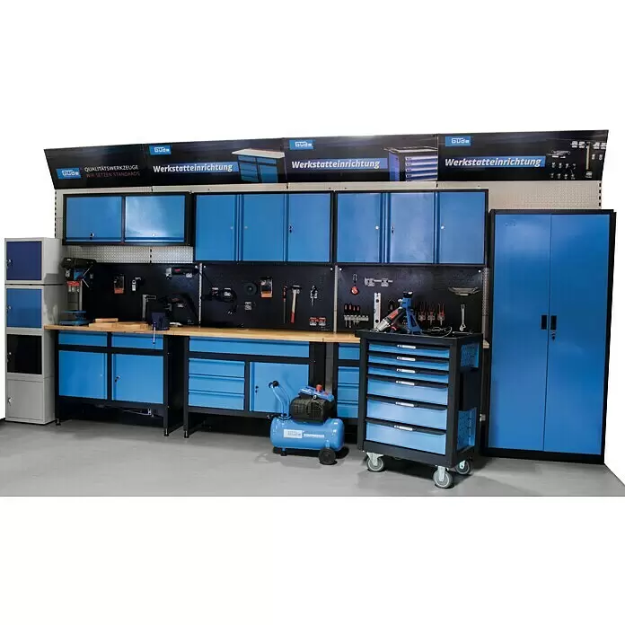 Güde Werkbank GW 2T - L x B x H: 120 x 60 x 85 cm, Anzahl Schubladen: 1 Stk. - Eine umfassende blaue und schwarze Werkstatteinrichtung mit Schränken, Werkbank und verschiedenen Werkzeugaufbewahrungslösungen.