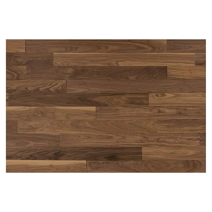 Wodewa Holzriemchen 1000 Nussbaum - 1.000 x 100 mm, Stärke: 3 mm - 6 mm, 10 Stk., 1 m², Selbsklebend - Nahaufnahme des eleganten Nussbaumbodens, der Wärme und natürliche Schönheit in jeden Raum bringt. Das perfekte Bodenbelagsmaterial.